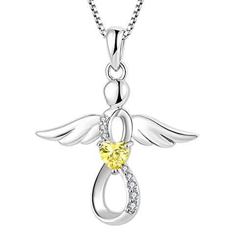 FJ Damen Schutzengel Halskette Anhänger 925 Sterling Silber Infinity Unendlichkeit Kette Citrin November Geburtsstein Halskette Engel Schmuck Geschenke für Frauen Mädchen von FJ