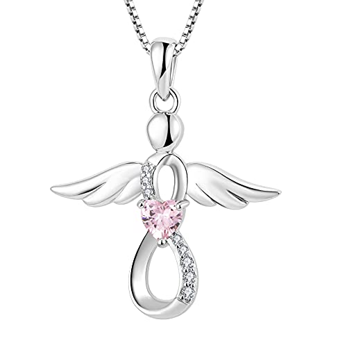 FJ Damen Schutzengel Halskette Anhänger 925 Sterling Silber Infinity Unendlichkeit Kette Rosa Turmalin Oktober Geburtsstein Halskette Engel Schmuck Geschenke für Frauen Mädchen von FJ