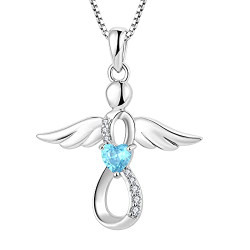 FJ Damen Schutzengel Halskette Anhänger 925 Sterling Silber Infinity Unendlichkeit Kette Aquamarin März Geburtsstein Halskette Engel Schmuck Geschenke für Frauen Mädchen von FJ