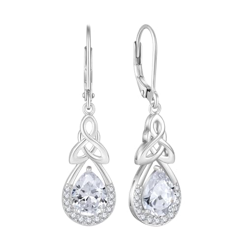 FJ Keltischer Knoten Ohrringe Damen 925 Sterling Silber Unendlichkeit Tropfen Hängend Leverback Zirkonia Ohrringe mit April Geburtsstein Irischer Glücksschmuck Geschenke für Frauen von FJ