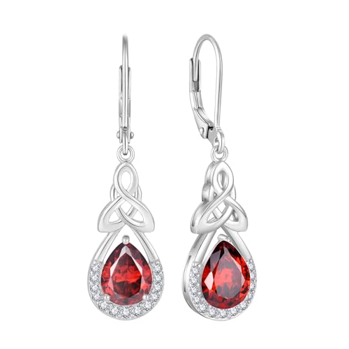 FJ Keltischer Knoten Ohrringe Damen 925 Sterling Silber Unendlichkeit Tropfen Hängend Granat Januar Geburtsstein Irischer Glücksschmuck Geschenke für Frauen von FJ