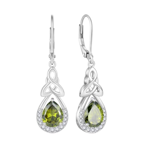FJ Keltischer Knoten Ohrringe Damen 925 Sterling Silber Unendlichkeit Tropfen Hängend Peridot August Geburtsstein Irischer Glücksschmuck Geschenke für Frauen von FJ