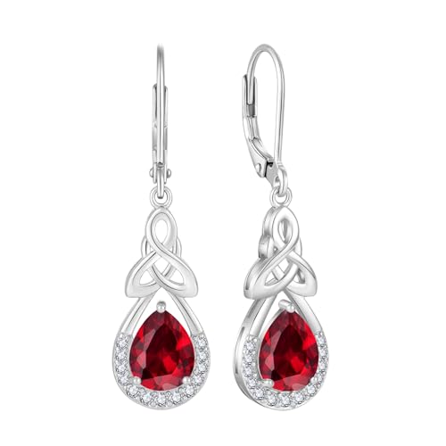FJ Keltischer Knoten Ohrringe Damen 925 Sterling Silber Unendlichkeit Tropfen Hängend Rubin Juli Geburtsstein Irischer Glücksschmuck Geschenke für Frauen von FJ