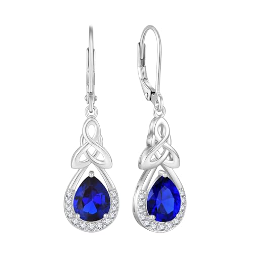 FJ Keltischer Knoten Ohrringe Damen 925 Sterling Silber Unendlichkeit Tropfen Hängend Saphir September Geburtsstein Irischer Glücksschmuck Geschenke für Frauen von FJ