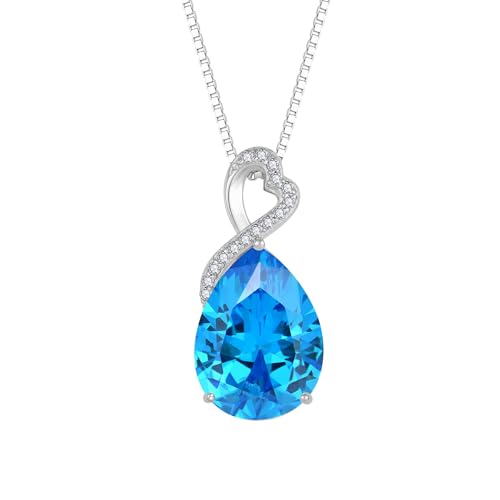 FJ Kette Damen 925 Sterling Silber Aquamarin Halskette März Geburtsstein Kette Tropfen Birnenförmige Anhänger Schmuck Geschenke für Frauen von FJ