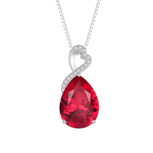 FJ Kette Damen 925 Sterling Silber Rubin Halskette Juli Geburtsstein Kette Tropfen Birnenförmige Anhänger Schmuck Geschenke für Frauen von FJ
