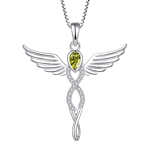 FJ Engelsflügel Kette Damen 925 Sterling Silber Schutzengel Anhänger Halskette Infinity Unendlichkeit Kette Peridot August Geburtsstein Kette Schmuck Geschenke für Frauen Mädchen von FJ