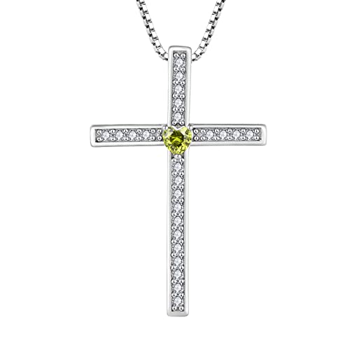 FJ Damen Kette Kreuz Anhänger Halskette 925 Sterling Silber Peridot August Geburtsstein Kette Schmuck Geschenke für Frauen Mädchen von FJ