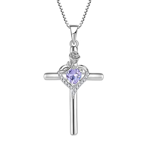 FJ Kreuz Kette Damen 925 Sterling Silber Alexandrit Kette Juni Geburtsstein Halskette Anhänger Rose Blume Schmuck Geschenke für Frauen Mutter Freundin Mama von FJ