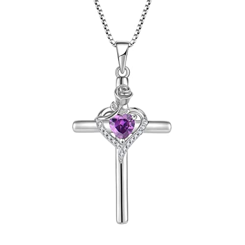 FJ Kreuz Kette Damen 925 Sterling Silber Amethyst Kette Februar Geburtsstein Halskette Anhänger Rose Blume Schmuck Geschenke für Frauen Mutter Freundin Mama von FJ