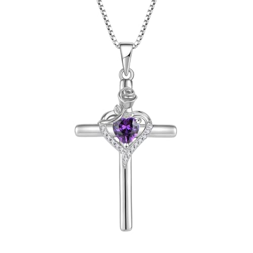 FJ Kreuz Kette Damen 925 Sterling Silber Amethyst Kette Februar Geburtsstein Halskette Anhänger Rose Blume Schmuck Geschenke für Frauen Mutter Freundin Mama von FJ
