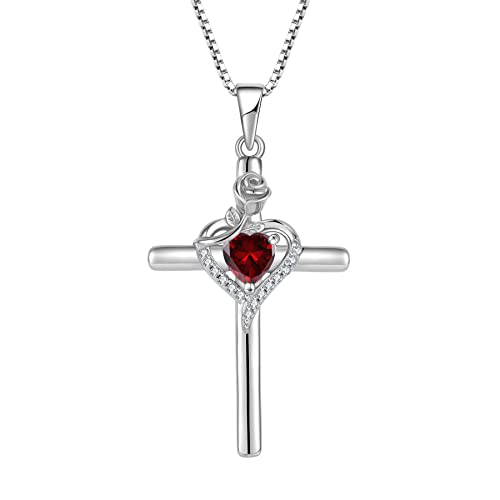 FJ Kreuz Kette Damen 925 Sterling Silber Granat Kette Januar Geburtsstein Halskette Anhänger Rose Blume Schmuck Geschenke für Frauen Mutter Freundin Mama von FJ