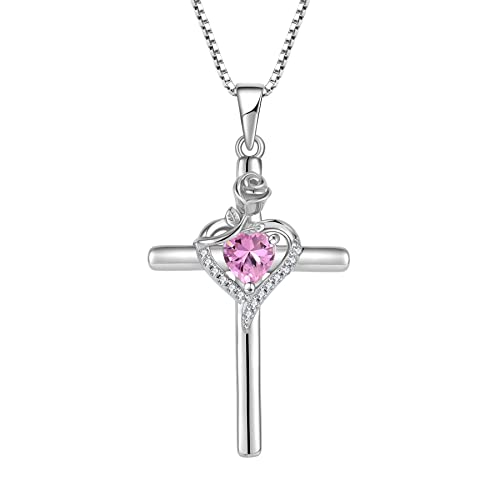 FJ Kreuz Kette Damen 925 Sterling Silber Rosa Turmalin Kette Oktober Geburtsstein Halskette Anhänger Rose Blume Schmuck Geschenke für Frauen Mutter Freundin Mama von FJ