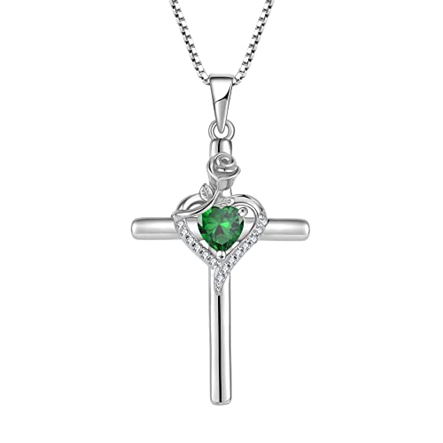 FJ Kreuz Kette Damen 925 Sterling Silber Smaragd Kette Mai Geburtsstein Halskette Anhänger Rose Blume Schmuck Geschenke für Frauen Mutter Freundin Mama von FJ