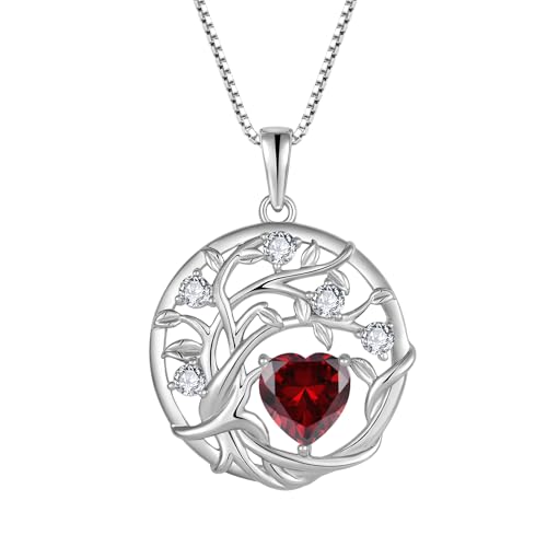 FJ Lebensbaum Kette Damen 925 Sterling Silber Baum des Lebens Halskette Granat Anhänger Januar Geburtsstein Schmuck Geschenke für Frauen von FJ