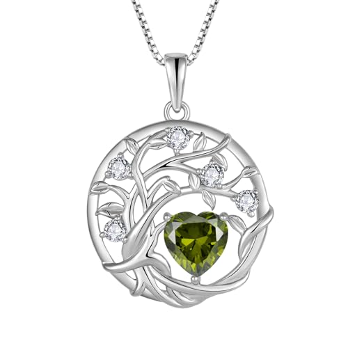 FJ Lebensbaum Kette Damen 925 Sterling Silber Baum des Lebens Halskette Peridot Anhänger August Geburtsstein Schmuck Geschenke für Frauen von FJ