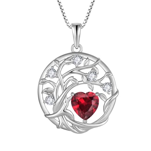 FJ Lebensbaum Kette Damen 925 Sterling Silber Baum des Lebens Halskette Rubin Anhänger Juli Geburtsstein Schmuck Geschenke für Frauen von FJ