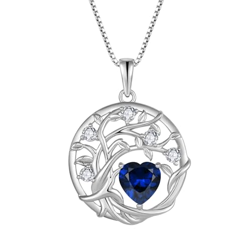 FJ Lebensbaum Kette Damen 925 Sterling Silber Baum des Lebens Halskette Saphir Anhänger September Geburtsstein Schmuck Geschenke für Frauen von FJ