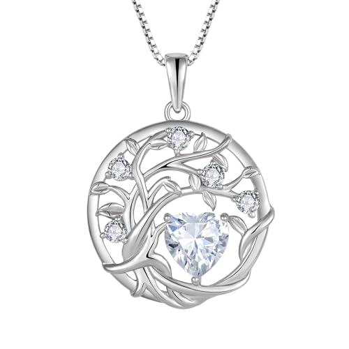 FJ Lebensbaum Kette Damen 925 Sterling Silber Baum des Lebens Halskette Zirkonia Anhänger April Geburtsstein Schmuck Geschenke für Frauen von FJ
