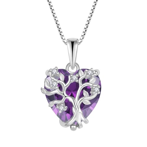FJ Lebensbaum Kette Damen 925 Sterling Silber Herz Baum des Lebens Halskette Amethyst Anhänger Februar Geburtsstein Schmuck Geschenke für Frauen von FJ