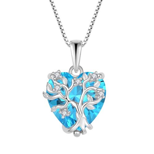 FJ Lebensbaum Kette Damen 925 Sterling Silber Herz Baum des Lebens Halskette Aquamarin Anhänger März Geburtsstein Schmuck Geschenke für Frauen von FJ