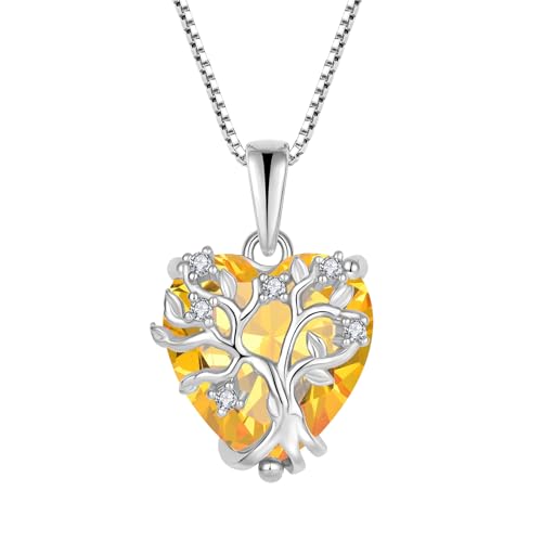 FJ Lebensbaum Kette Damen 925 Sterling Silber Herz Baum des Lebens Halskette Citrin Anhänger November Geburtsstein Schmuck Geschenke für Frauen von FJ