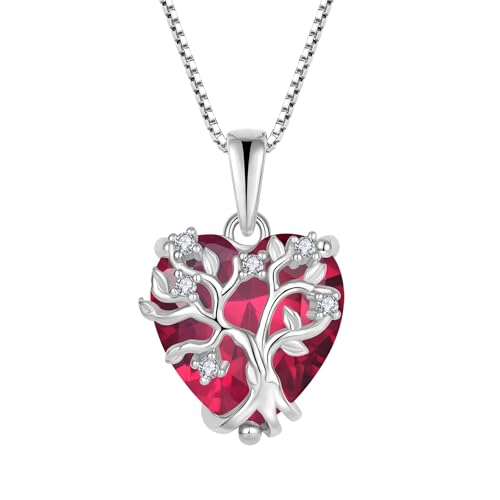 FJ Lebensbaum Kette Damen 925 Sterling Silber Herz Baum des Lebens Halskette Rubin Anhänger Juli Geburtsstein Schmuck Geschenke für Frauen von FJ