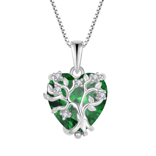 FJ Lebensbaum Kette Damen 925 Sterling Silber Herz Baum des Lebens Halskette Smaragd Anhänger Mai Geburtsstein Schmuck Geschenke für Frauen von FJ