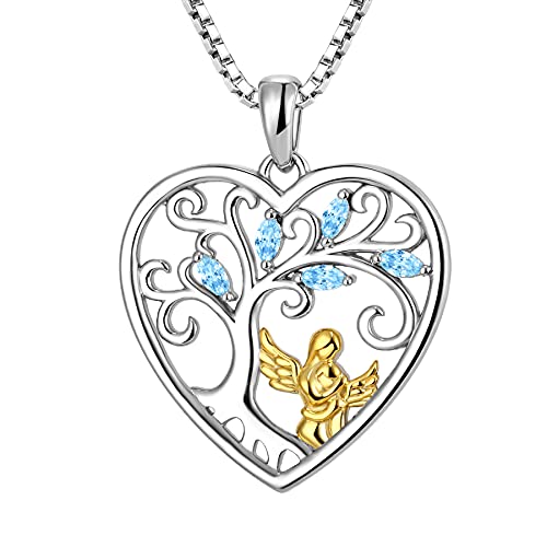 FJ Herz Mutter Tochter Kette Anhänger 925 Sterling Silber Schutzengel Halskette Baum des Lebens Kette März Geburtsstein Aquamarin Schmuck Geschenke für Frauen Mutter von FJ