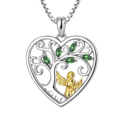 FJ Herz Mutter Tochter Kette Anhänger 925 Sterling Silber Schutzengel Halskette Baum des Lebens Kette Smaragd Mai Geburtsstein Schmuck Geschenke für Frauen Mutter von FJ