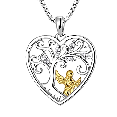 FJ Herz Mutter Tochter Kette Anhänger 925 Sterling Silber Schutzengel Halskette Baum des Lebens Kette April Geburtsstein Weiß Zirkonia Schmuck Geschenke für Frauen Mutter von FJ