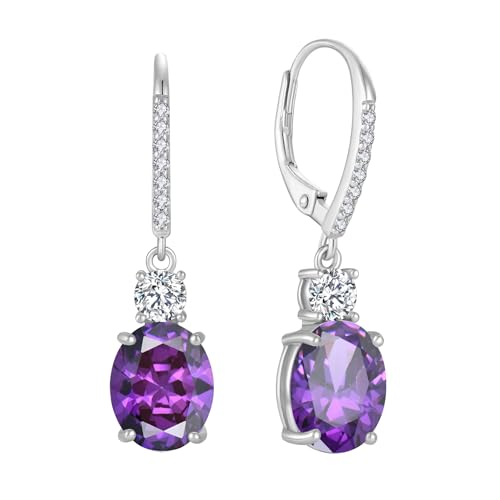 FJ Ohrringe Hängend Oval 925 Sterling Silber Amethyst Ohrringe Februar Geburtsstein Schmuck Geschenke für Damen Frauen Mutter Freundin Mama von FJ