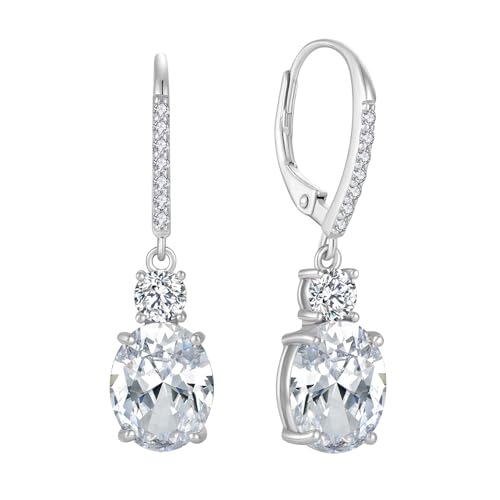 FJ Ohrringe Hängend Oval 925 Sterling Silber April Geburtsstein Ohrringe Leverback Zirkonia CZ Schmuck Geschenke für Damen Frauen Mutter Freundin Mama von FJ