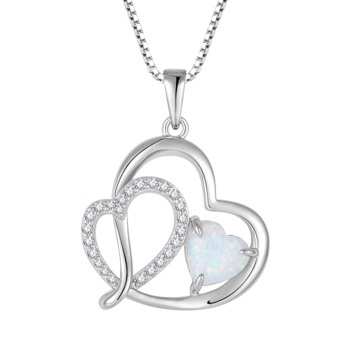 FJ Opal Kette Damen 925 Sterling Silber Herz Halskette Opal Anhänger Schmuck für Frauen Mutter Freundin Mama von FJ