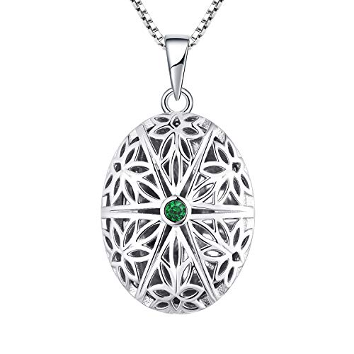 FJ Oval Foto Medaillon Kette Damen 925 Sterling Silber Personalisierte zum Öffnen für Bilder Memory Anhänger Halskette mit Smaragd Schmuck Geschenke für Frauen Mädchen von FJ