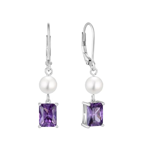 FJ Perlen Hängend Ohrringe Damen 925 Sterling Silber Quadrat Prinzessschliff Amethyst Ohrringe Februar Geburtsstein Schmuck Geschenke für Frauen von FJ
