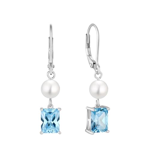 FJ Perlen Hängend Ohrringe Damen 925 Sterling Silber Quadrat Prinzessschliff Aquamarin Ohrringe März Geburtsstein Schmuck Geschenke für Frauen von FJ