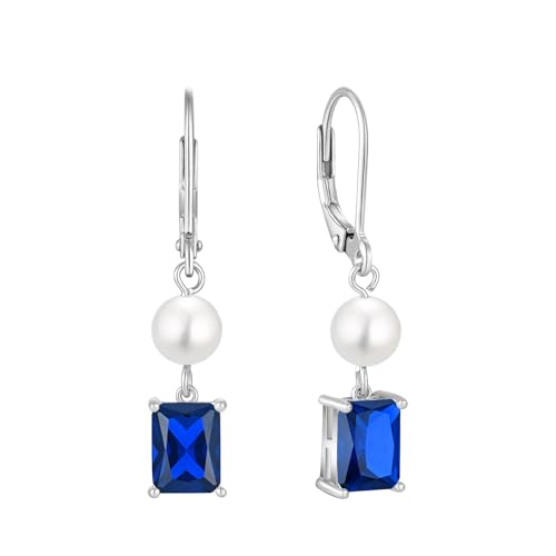 FJ Perlen Hängend Ohrringe Damen 925 Sterling Silber Quadrat Prinzessschliff Blau Saphir Ohrringe September Geburtsstein Schmuck Geschenke für Frauen von FJ