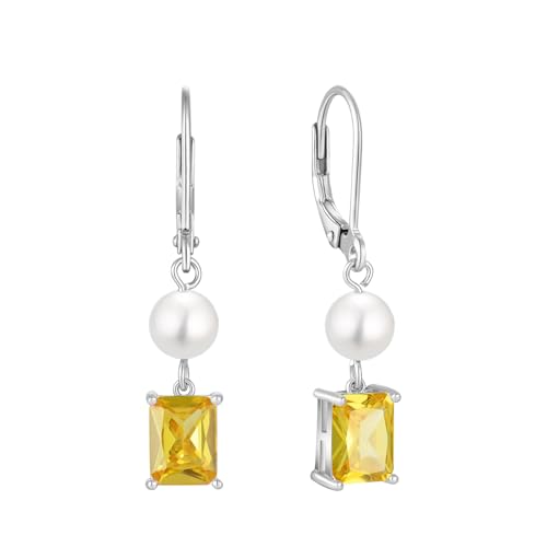 FJ Perlen Hängend Ohrringe Damen 925 Sterling Silber Quadrat Prinzessschliff Citrin Ohrringe November Geburtsstein Schmuck Geschenke für Frauen von FJ