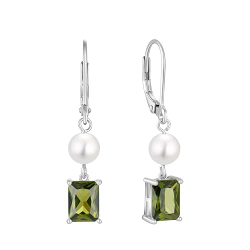 FJ Perlen Hängend Ohrringe Damen 925 Sterling Silber Quadrat Prinzessschliff Peridot Ohrringe August Geburtsstein Schmuck Geschenke für Frauen von FJ