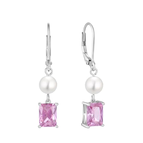 FJ Perlen Hängend Ohrringe Damen 925 Sterling Silber Quadrat Prinzessschliff Rosa Turmalin Ohrringe Oktober Geburtsstein Schmuck Geschenke für Frauen von FJ