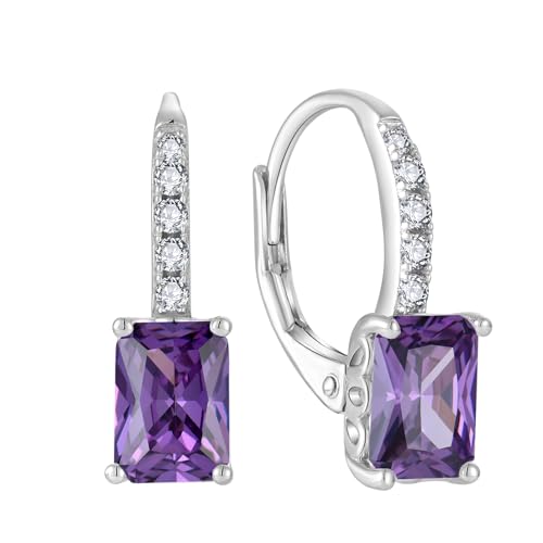 FJ Prinzessschliff Hängend Ohrringe Damen 925 Sterling Silber Quadrat Solitaire Ohrringe Amethyst Februar Geburtsstein Schmuck Geschenke für Frauen von FJ