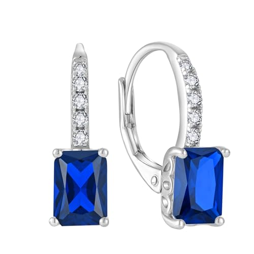 FJ Prinzessschliff Hängend Ohrringe Damen 925 Sterling Silber Quadrat Solitaire Ohrringe Blau Saphir September Geburtsstein Schmuck Geschenke für Frauen von FJ