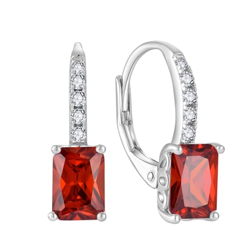 FJ Prinzessschliff Hängend Ohrringe Damen 925 Sterling Silber Quadrat Solitaire Ohrringe Granat Januar Geburtsstein Schmuck Geschenke für Frauen von FJ