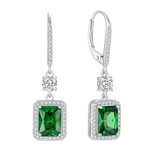 FJ Quadrat Prinzessschliff Hängend Ohrringe Damen 925 Sterling Silber Solitaire Halo Smaragd Ohrringe Mai Geburtsstein Schmuck Geschenke für Frauen von FJ