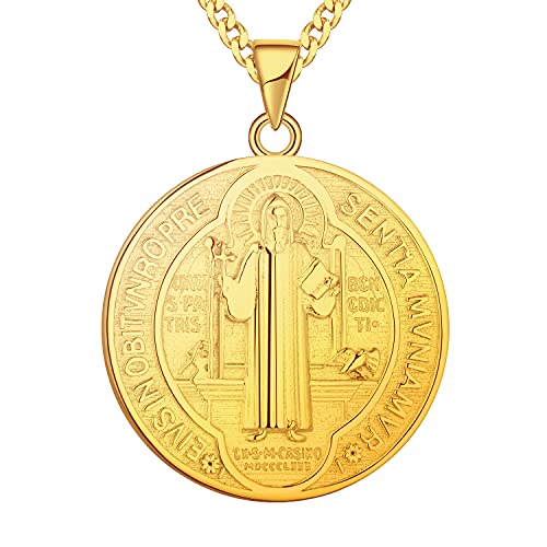 FJ Heiliger Benedikt Kette 925 Sterling Silber 18K Vergoldet Heiliger Benedikt Anhänger Halskette Runde Münze Antiqued Religious Protector Talisman Kette für Herren Damen von FJ