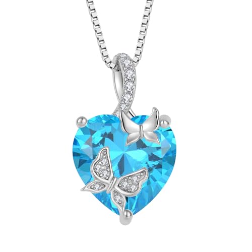 FJ Schmetterling Kette Damen 925 Sterling Silber Aquamarin Kette März Geburtsstein Halskette Herz Anhänger Schmuck Geschenke für Frauen Mutter Freundin Mama von FJ