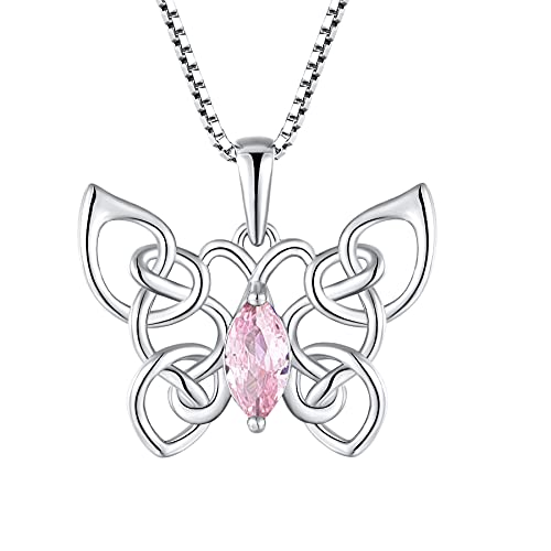 FJ Schmetterling Kette Damen 925 Sterling Silber Keltischer Knoten Halskette Anhänger Rosa Turmalin Oktober Geburtsstein Kette Schmuck Geschenke für Frauen Mädchen von FJ