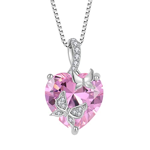 FJ Schmetterling Kette Damen 925 Sterling Silber Rosa Turmalin Kette Oktober Geburtsstein Halskette Herz Anhänger Schmuck Geschenke für Frauen Mutter Freundin Mama von FJ