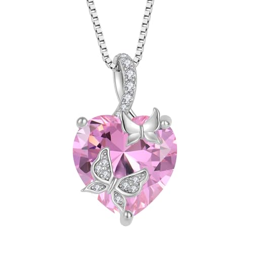 FJ Schmetterling Kette Damen 925 Sterling Silber Rosa Turmalin Kette Oktober Geburtsstein Halskette Herz Anhänger Schmuck Geschenke für Frauen Mutter Freundin Mama von FJ